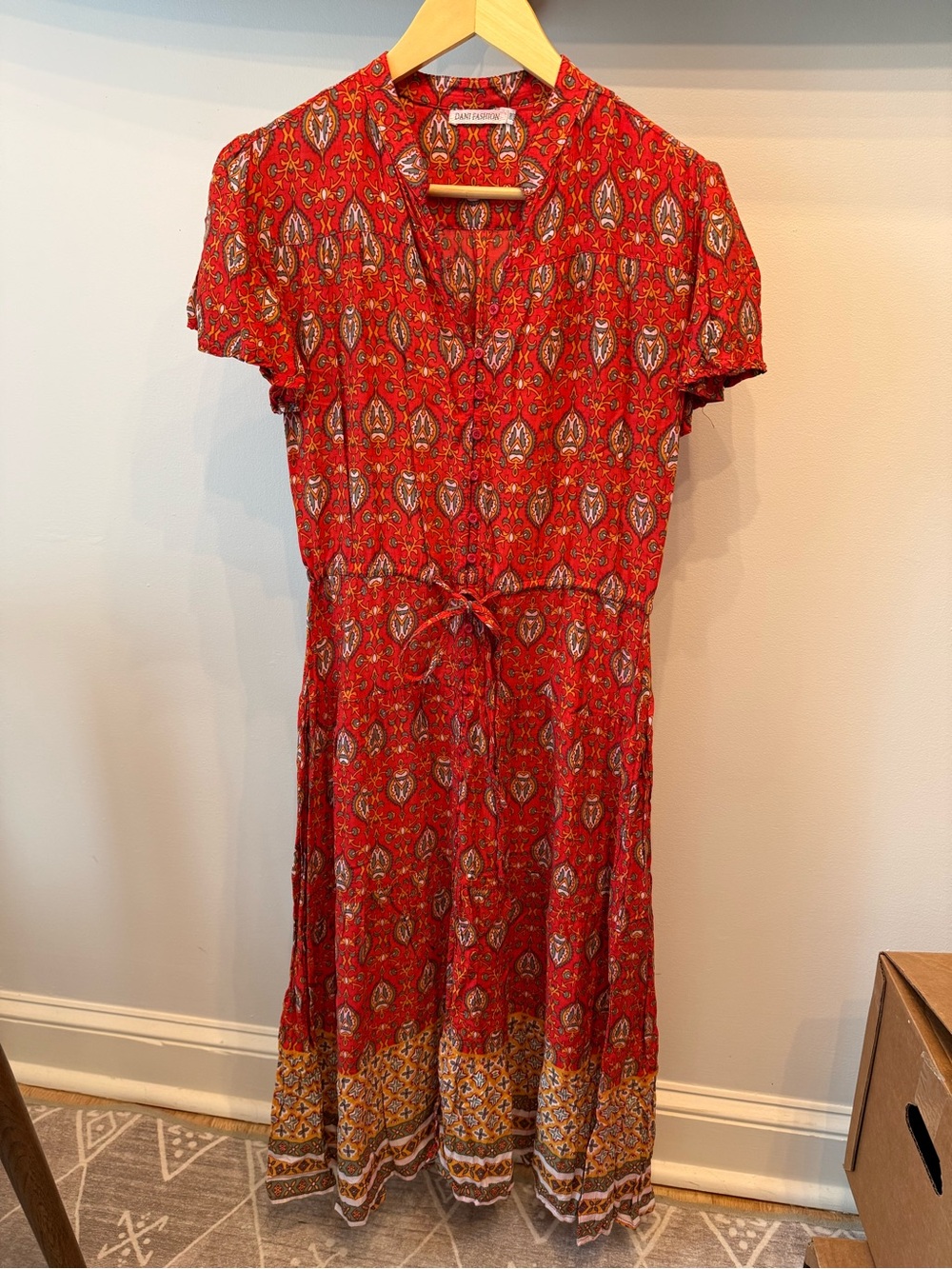 Red Paisley Tie-Waist Midi Dress